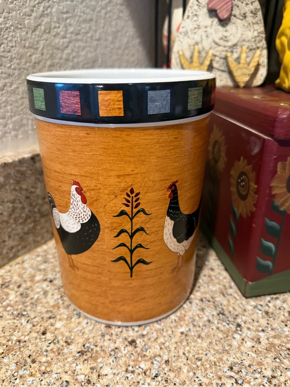 Sakura Farmhouse Chicken Ceramic Canister in Orange, Black, White